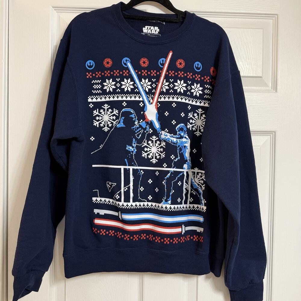 Star Wars Men Sweatshirt M Navy Luke Skywalker Vs Darth Vader Ugly Christmas